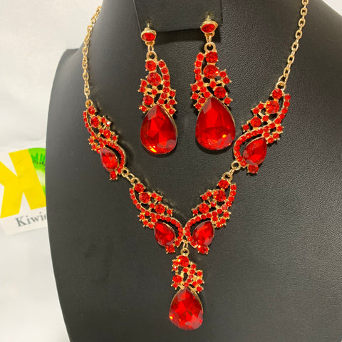 Necklace Set 2pc - Red Rhinestone Drops