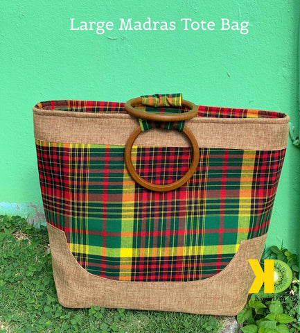 Large Madras Tote Bag with Brown