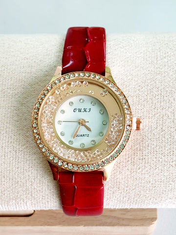 Women's OUKJ Round Crystal Face Red Band Watch