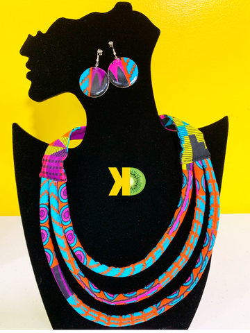 Necklace Set 2pc - Pink Kente African Fabric