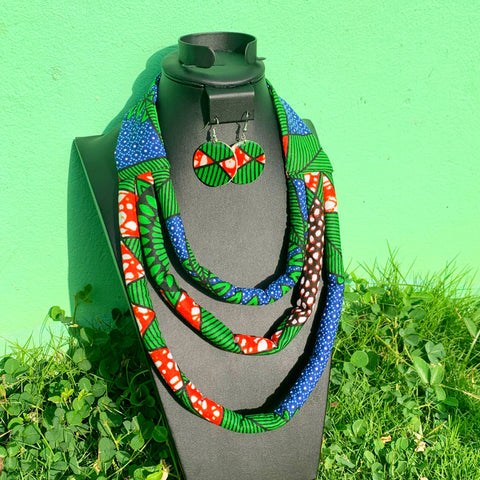 Necklace Set 2pc - Green Sari African Fabric