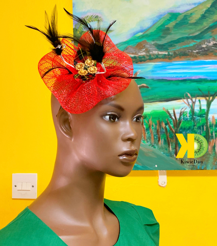 Red Fascinator with a touch of Madras