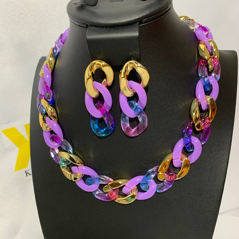 Necklace Set 2pc - Purple Gold Links