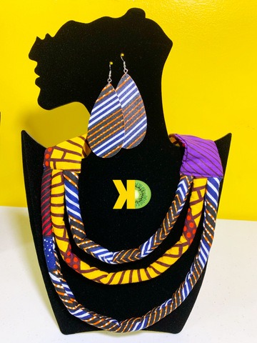 Necklace Set 2pc - Brown/Yellow Sun African Fabric