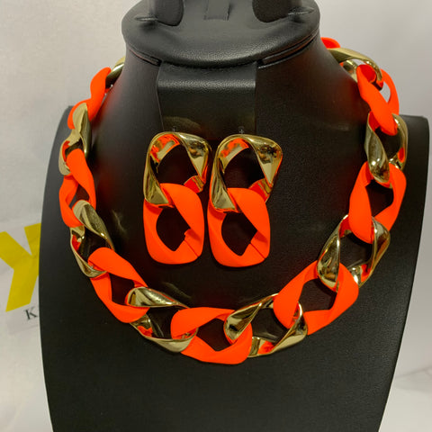 Necklace Set 2pc - Orange Gold Links