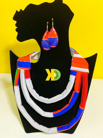 Necklace Set 2pc - Orange Kente African Fabric