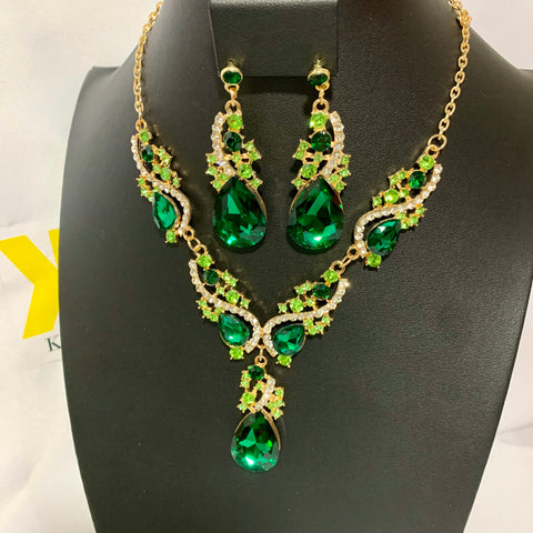 Necklace Set 2pc - Green Rhinestone Drops