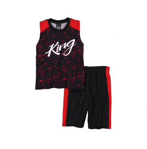 Boy Red Splatter King Tank Top with Black shorts