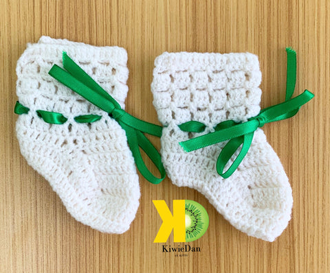 Cream Baby Booties with Green Ribbon