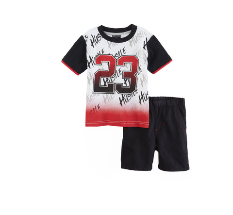 Boy Red Hustle Graphic Tee with Black Shorts