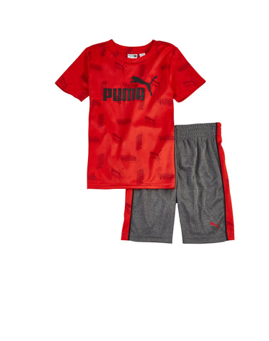 Boy Red Graphic Puma Tee with Grey Shorts
