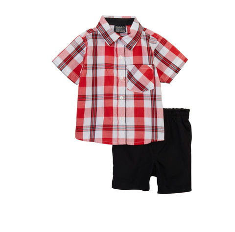Boy Red Plaid Shirt with Black Shorts