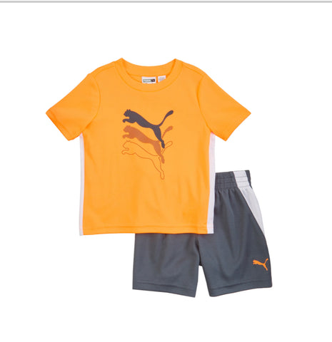 Boy Neon Orange Puma Shirt with Grey Shorts