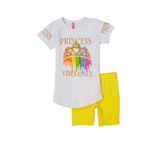 Girl White Princess Graphic Tee with Yellow Shorts