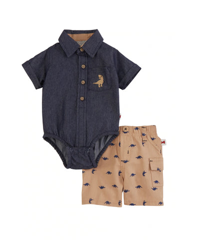 Boy Jean Dinosaur Pin-under Shirt with Khaki Shorts