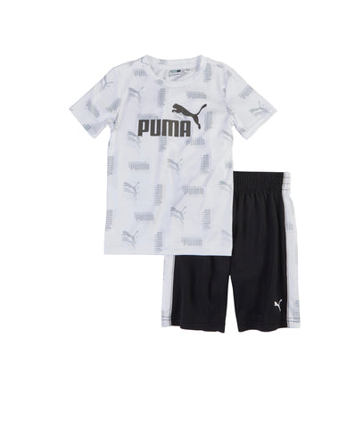 Boy White Graphic Puma Tee with Black Shorts